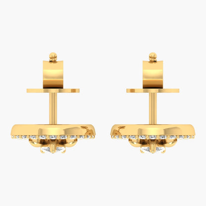 Gold earrings with gemstones on a white background, branded 'Green Lab'.