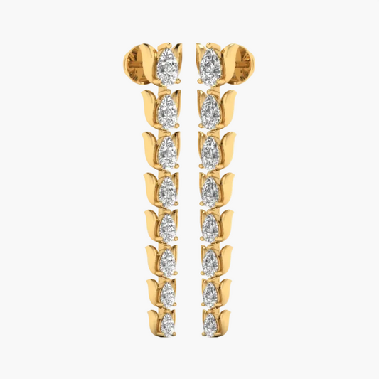 A pair of gold post earrings with marquise-cut clear stones arranged in a vertical stacked design, shown on a plain white background.