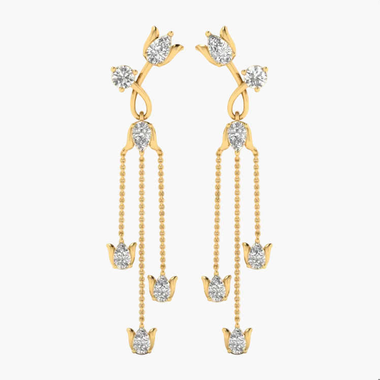 A pair of gold dangle earrings with clear gemstones, displayed on a clean white background with a faint 'GREEN LAB' watermark.