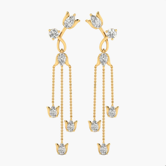 A pair of gold dangle earrings with clear gemstones, displayed on a clean white background with a faint 'GREEN LAB' watermark.