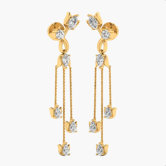 A pair of gold dangle earrings with clear gemstones, displayed on a clean white background with a faint GREEN LAB watermark.