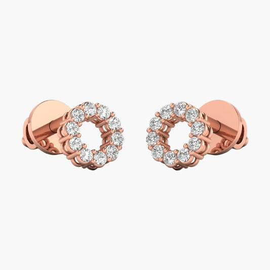 Rose gold earrings with diamond accents on a white background