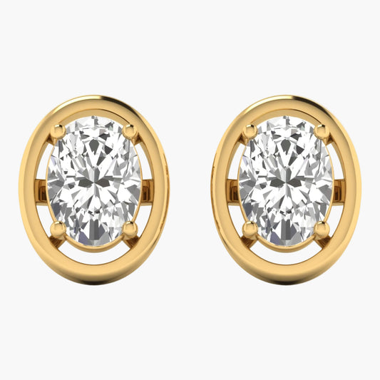 Gold earrings with clear gemstones on a white background