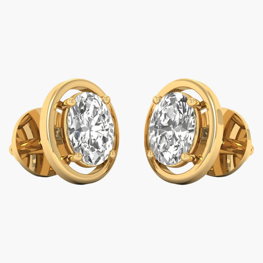 Gold earrings with clear gemstones on a white background