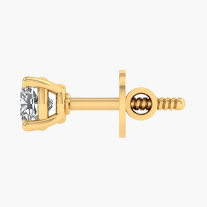 A single yellow gold stud earring with a clear rectangular gemstone in a prong setting, shown from a side profile view against a plain white background.