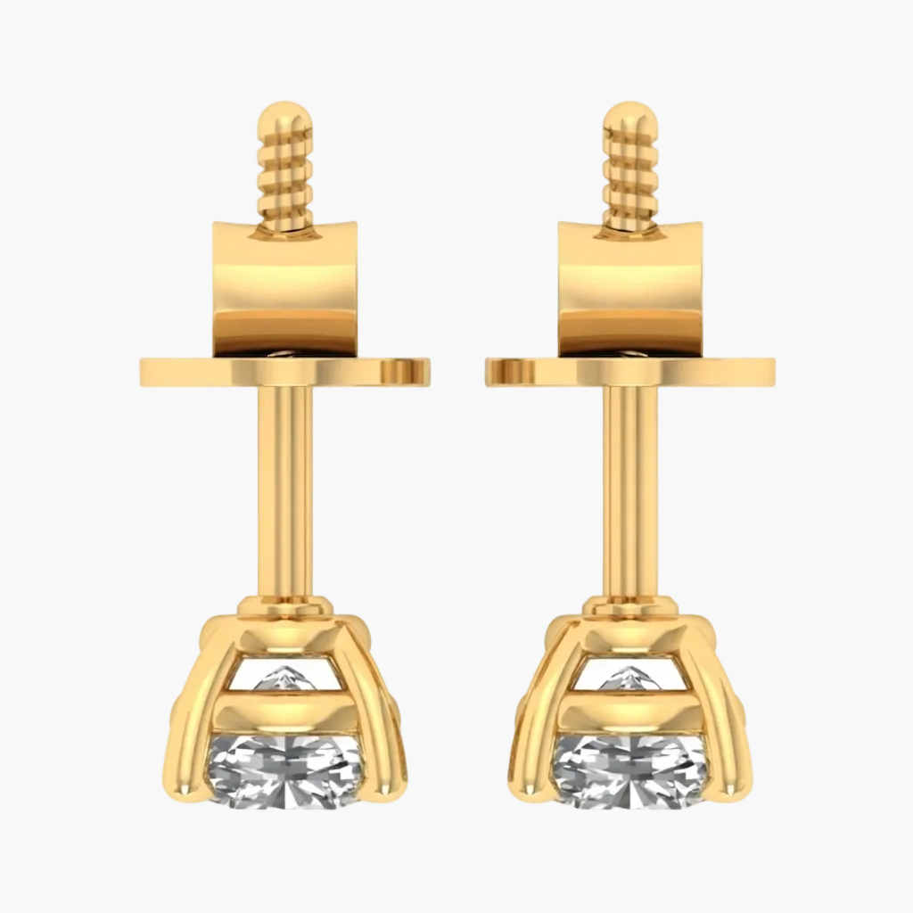 A pair of gold stud earrings with a geometric prong setting and a clear round-cut gemstone, shown on a plain white background.