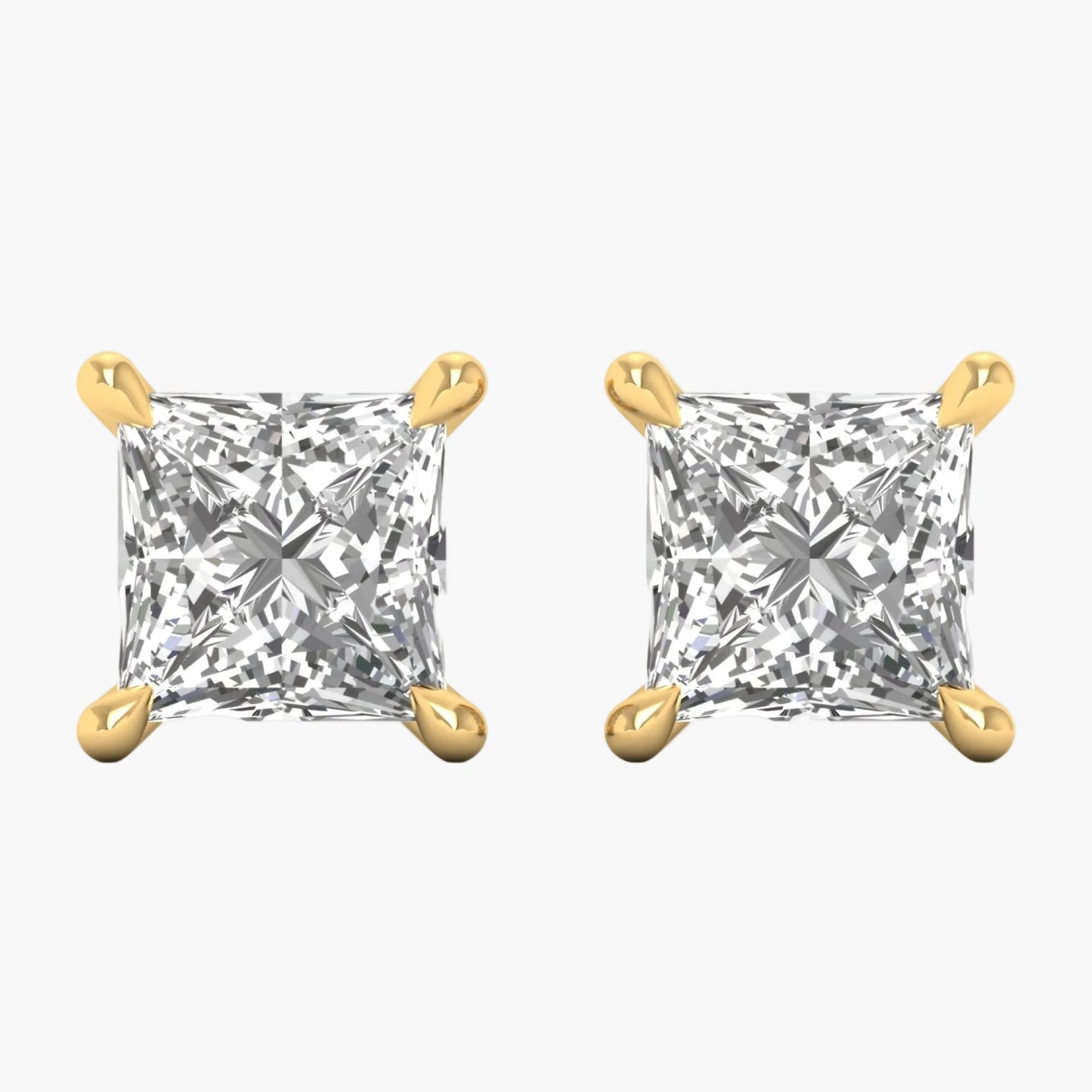 Pair of gold earrings with clear gemstones on a white background, featuring 'Green Lab' branding.