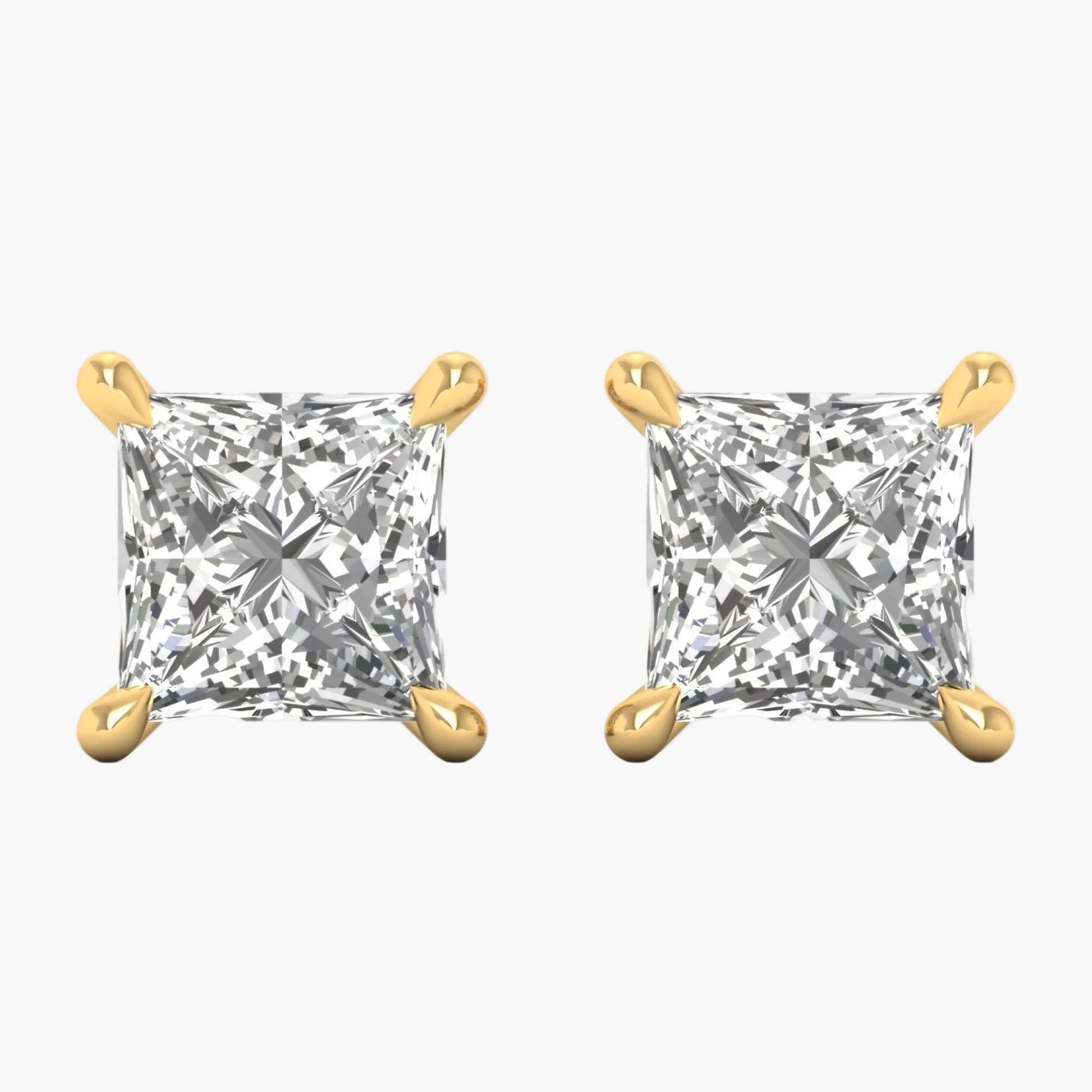 Pair of gold earrings with clear gemstones on a white background, featuring 'Green Lab' branding.