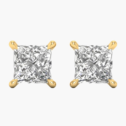 Pair of gold earrings with clear gemstones on a white background, featuring 'Green Lab' branding.