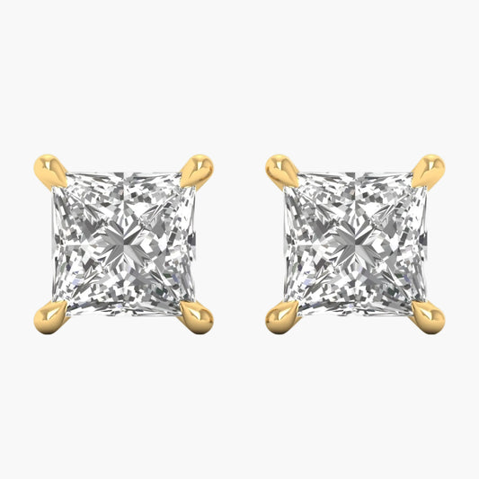 Pair of gold earrings with clear gemstones on a white background, featuring 'Green Lab' branding.
