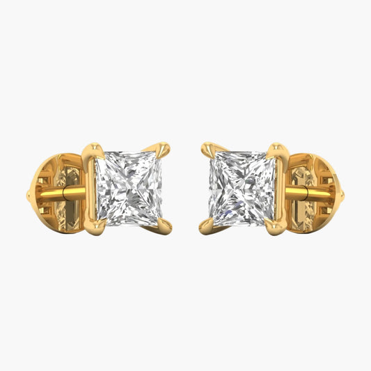 Gold earrings with clear gemstones on a white background
