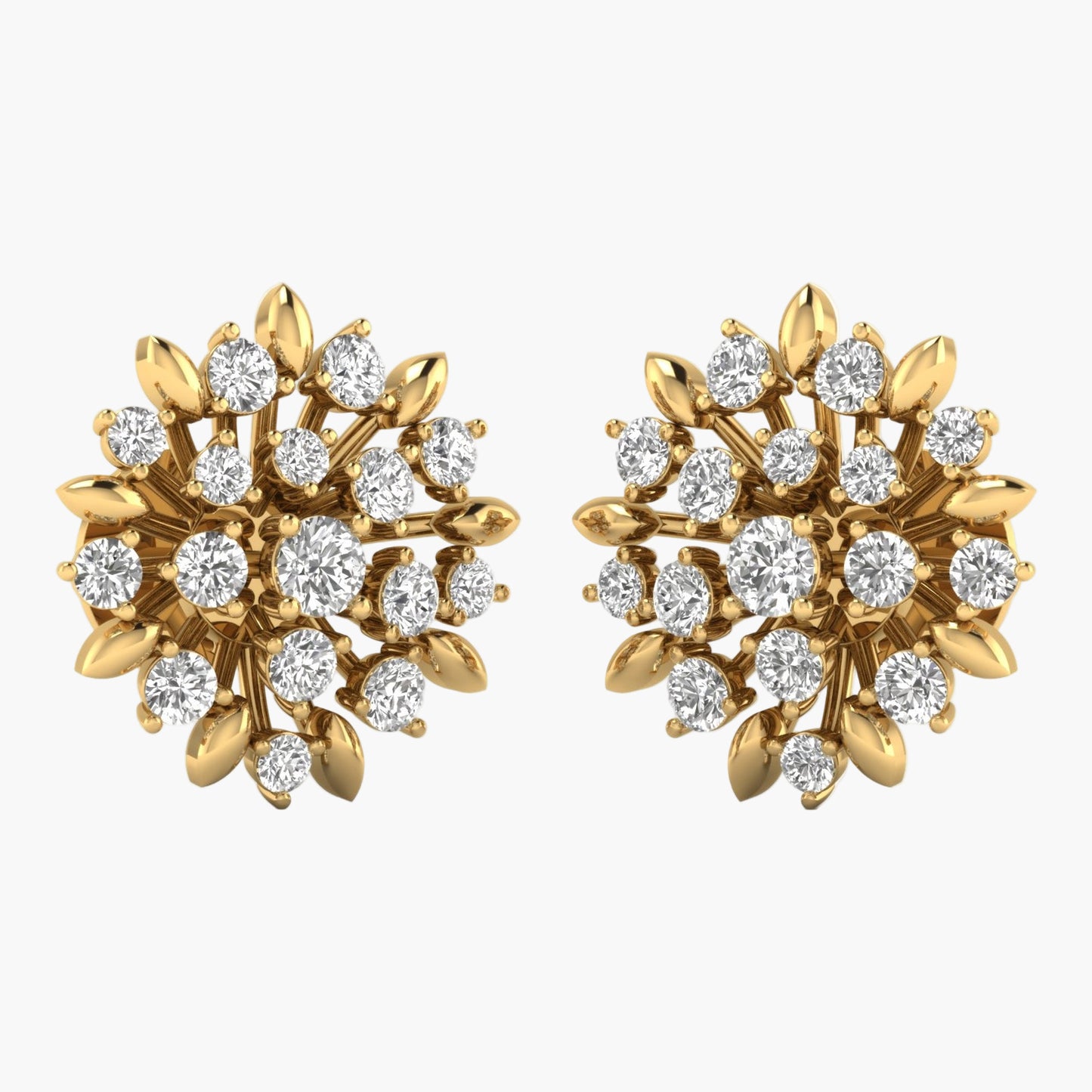 Gold earrings with diamond-like stones on a white background