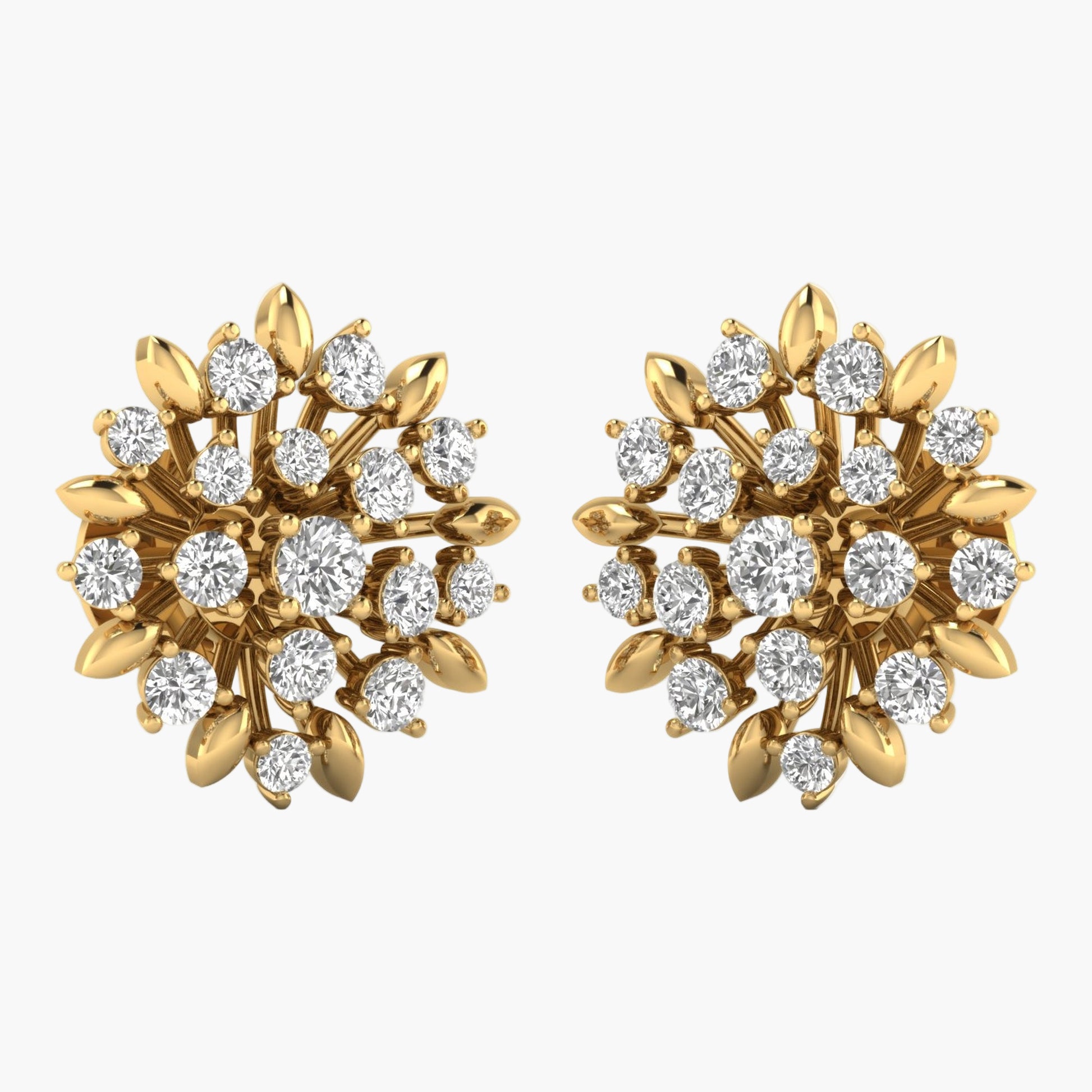 Gold earrings with diamond-like stones on a white background