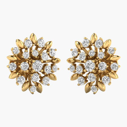 Gold earrings with diamond-like stones on a white background