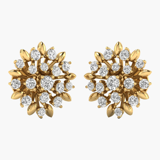 Gold earrings with diamond-like stones on a white background