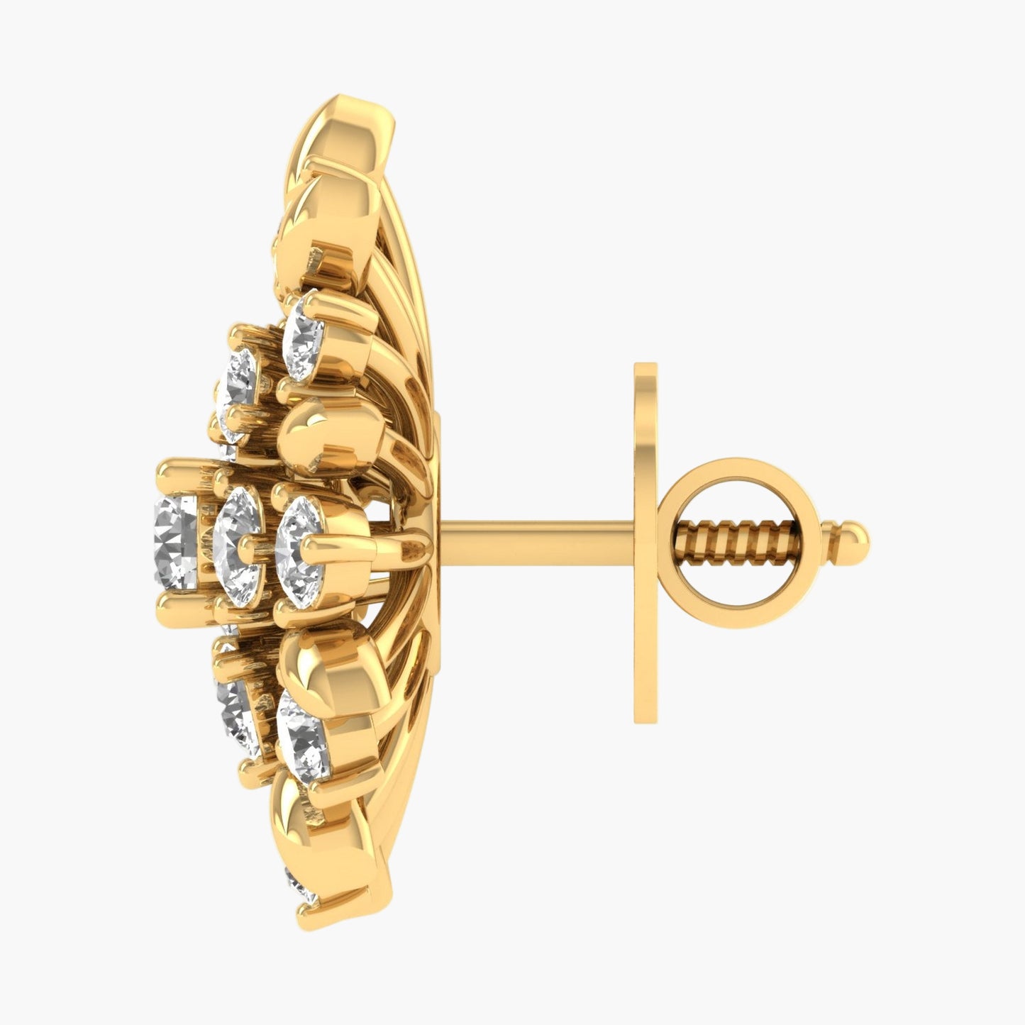 Gold earring with diamond-like stones on a white background