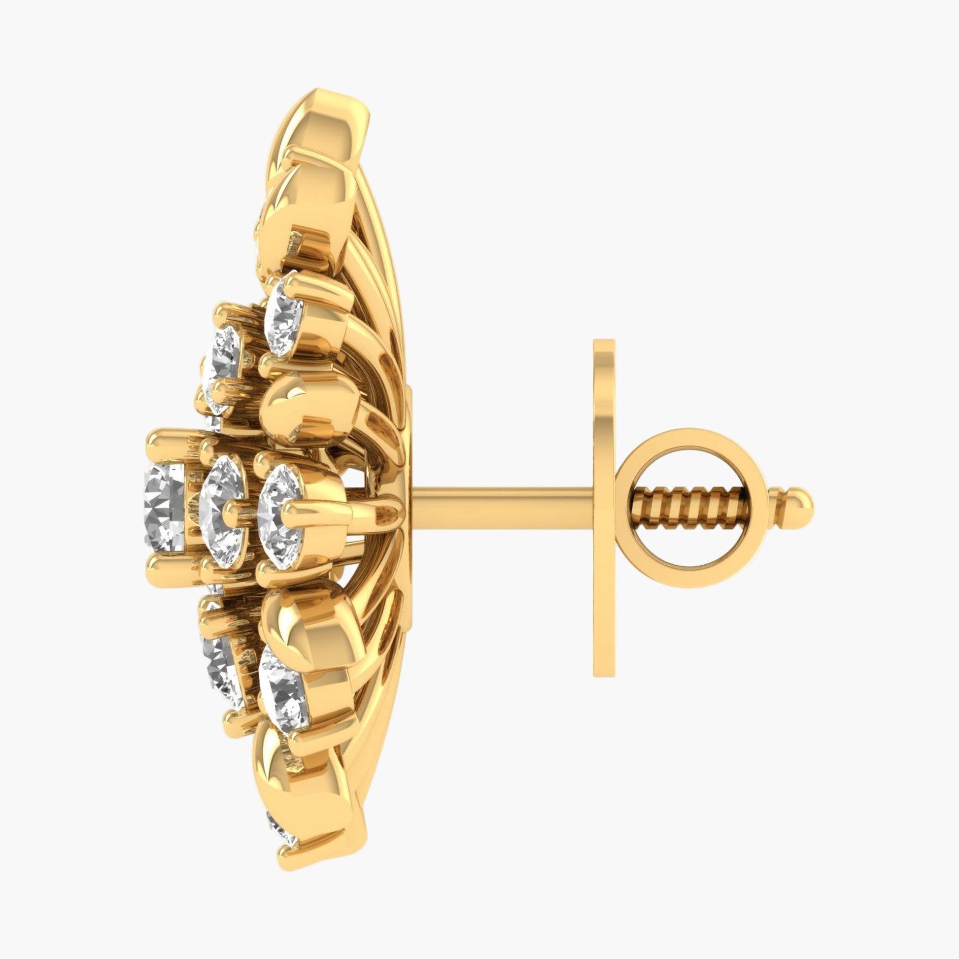 Gold earring with diamond-like stones on a white background