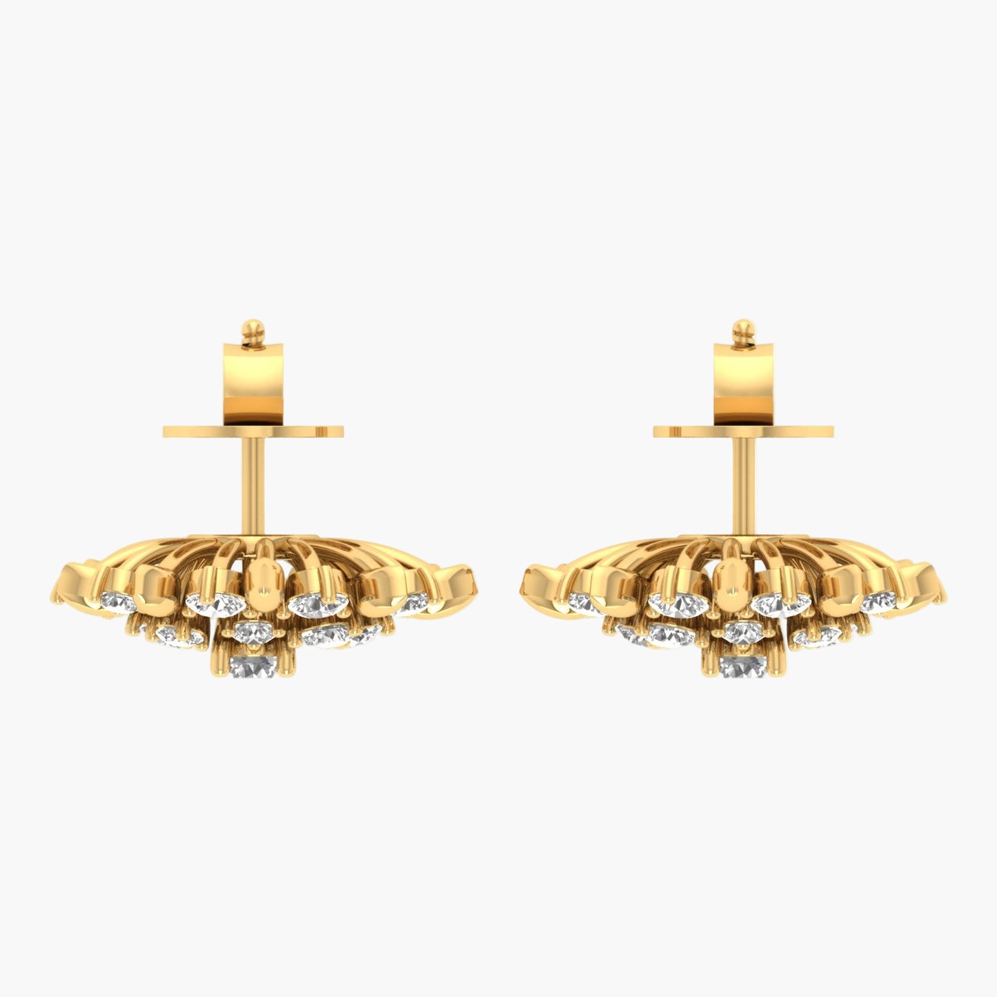 Pair of gold earrings with diamond-like stones on a white background