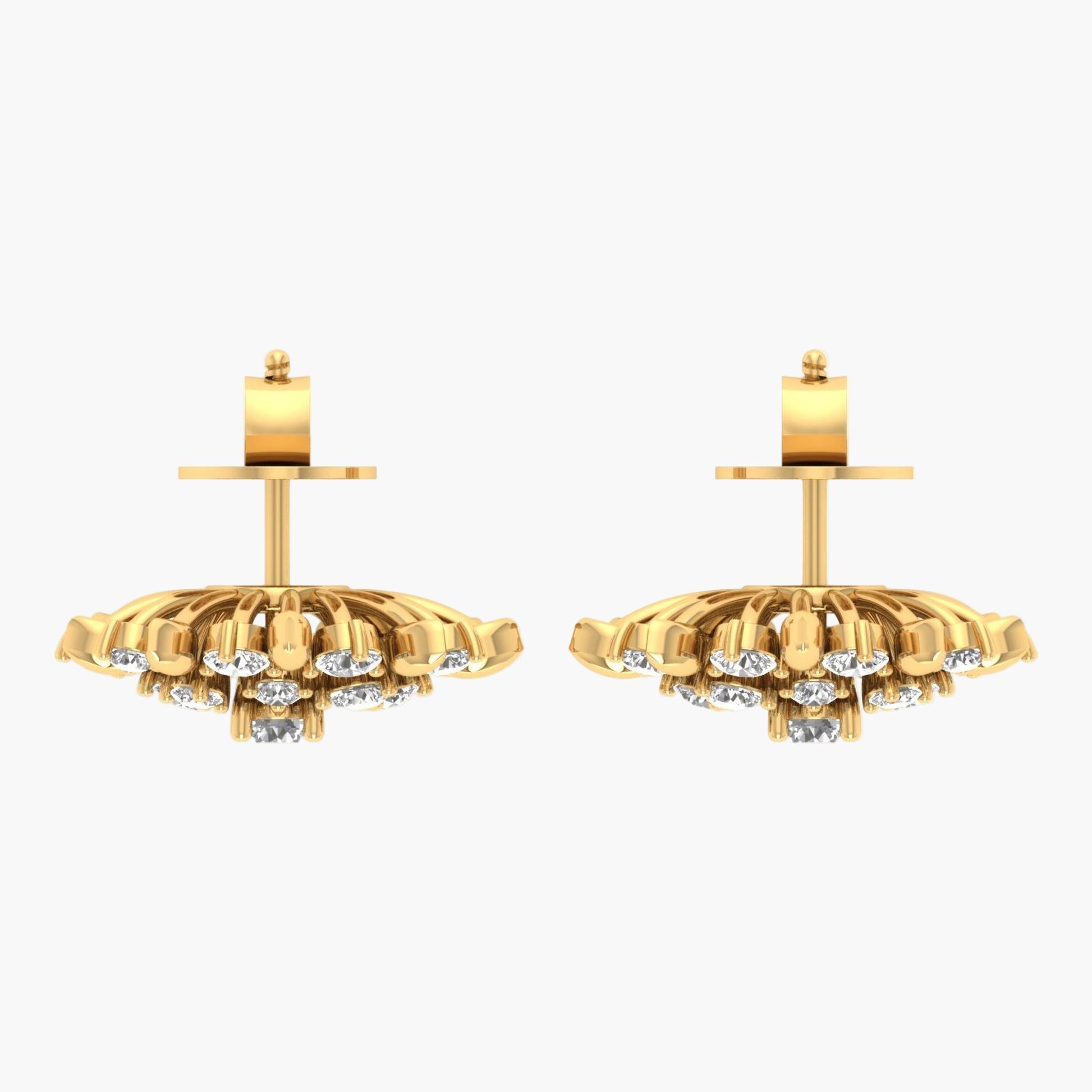 Pair of gold earrings with diamond-like stones on a white background