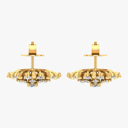 Pair of gold earrings with diamond-like stones on a white background
