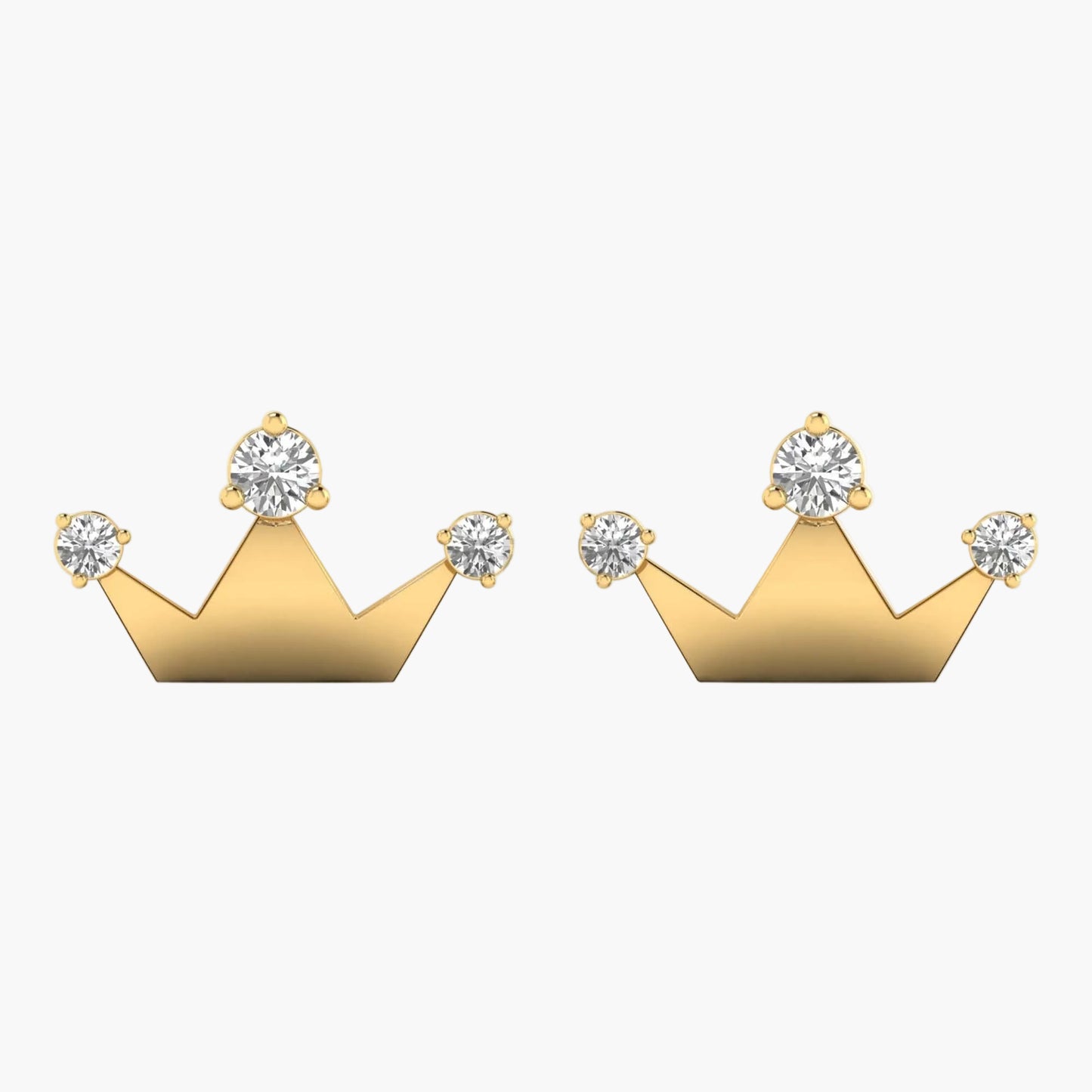 Gold crown-shaped earrings with clear gemstones on a white background