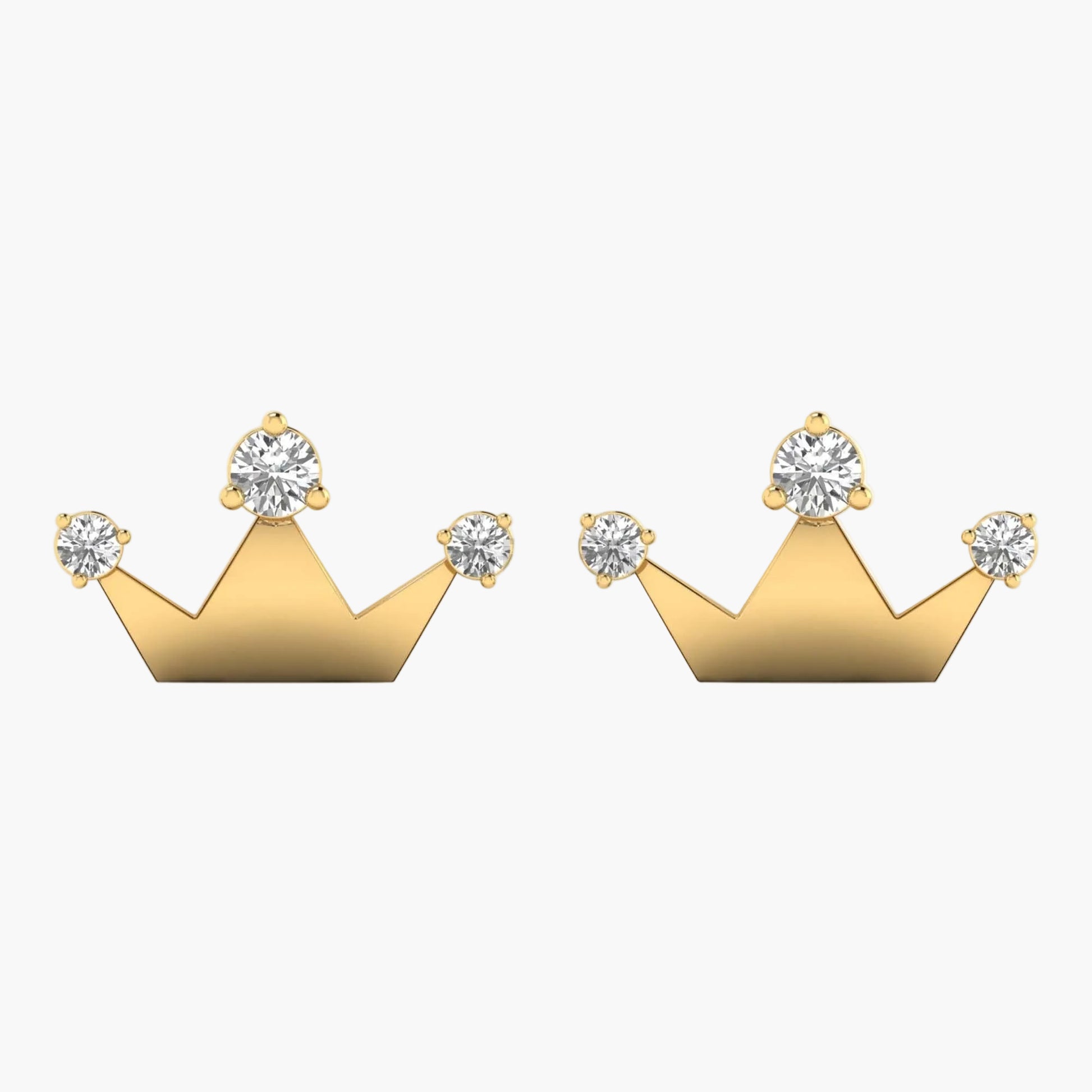 Gold crown-shaped earrings with clear gemstones on a white background