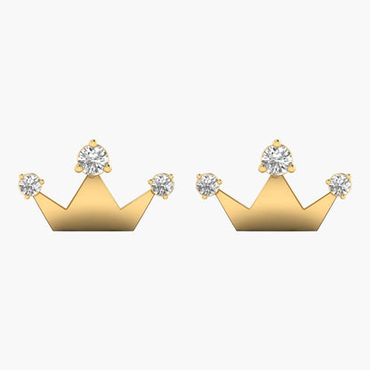 Gold crown-shaped earrings with clear gemstones on a white background