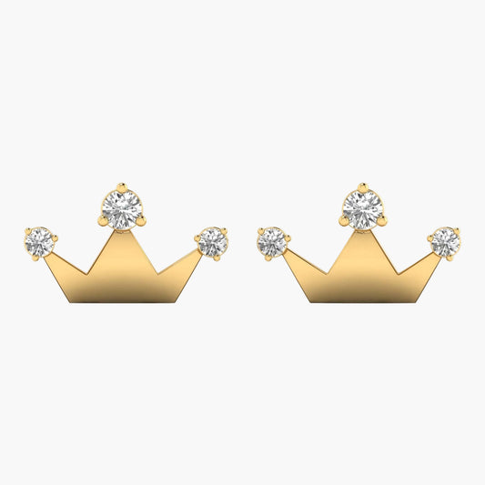 Gold crown-shaped earrings with clear gemstones on a white background