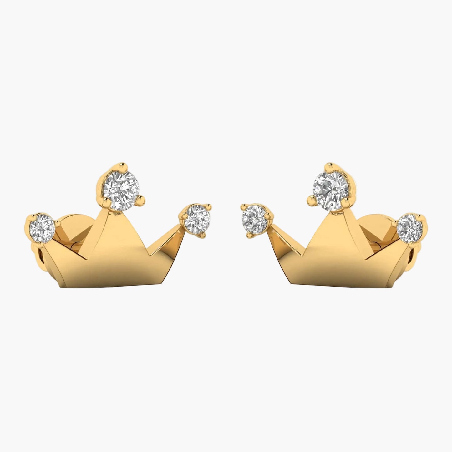 Gold crown-shaped earrings with diamonds on a white background