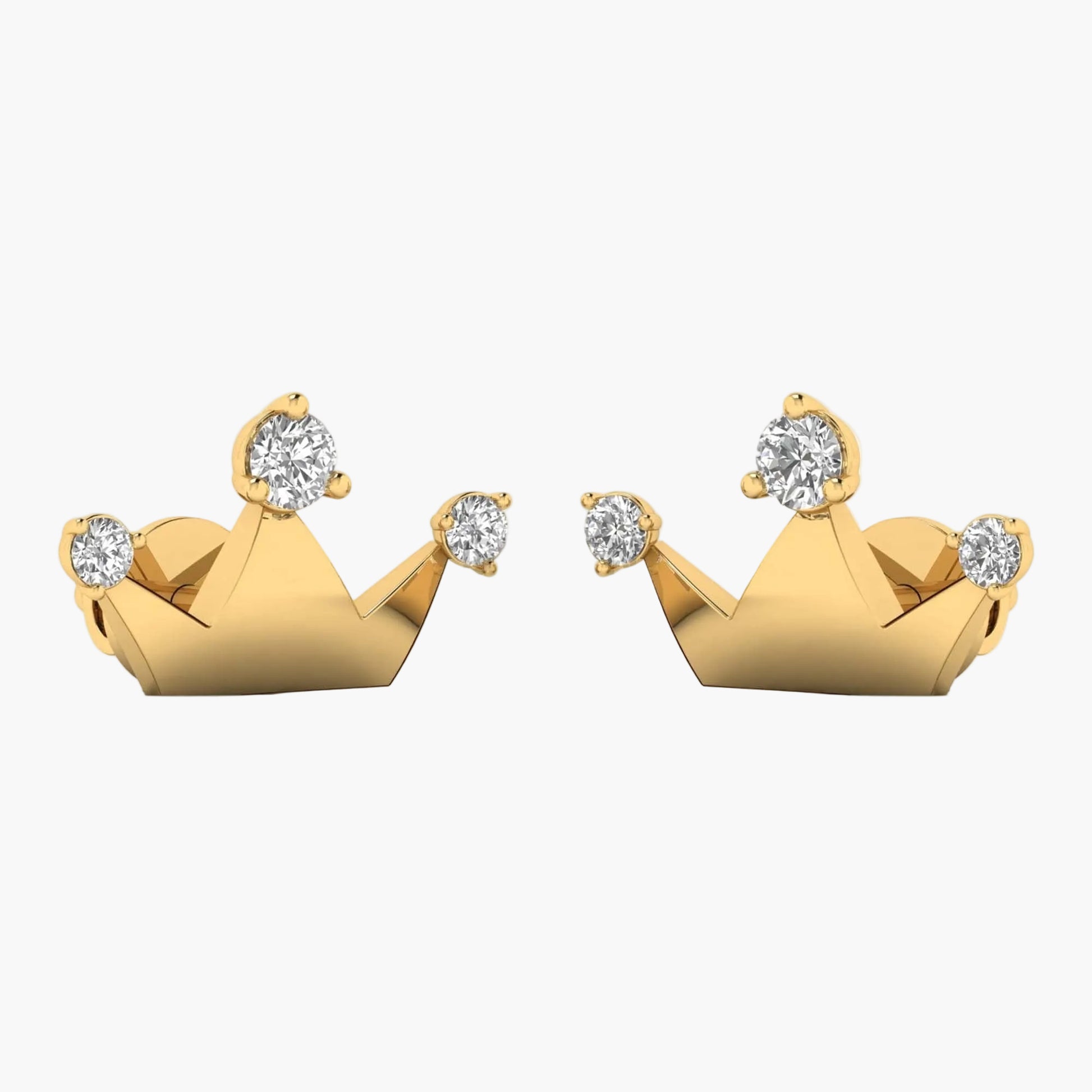 Gold crown-shaped earrings with diamonds on a white background