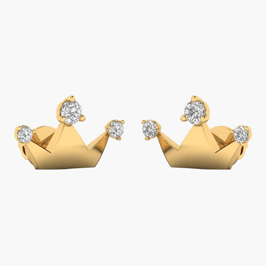 Gold crown-shaped earrings with diamonds on a white background