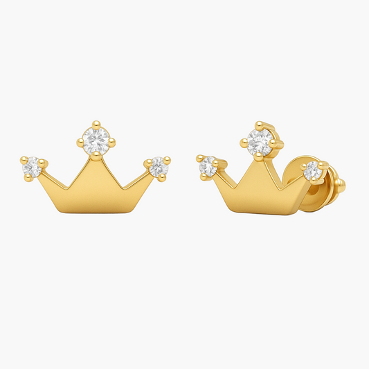 Gold crown-shaped earrings with clear gemstones on a white background