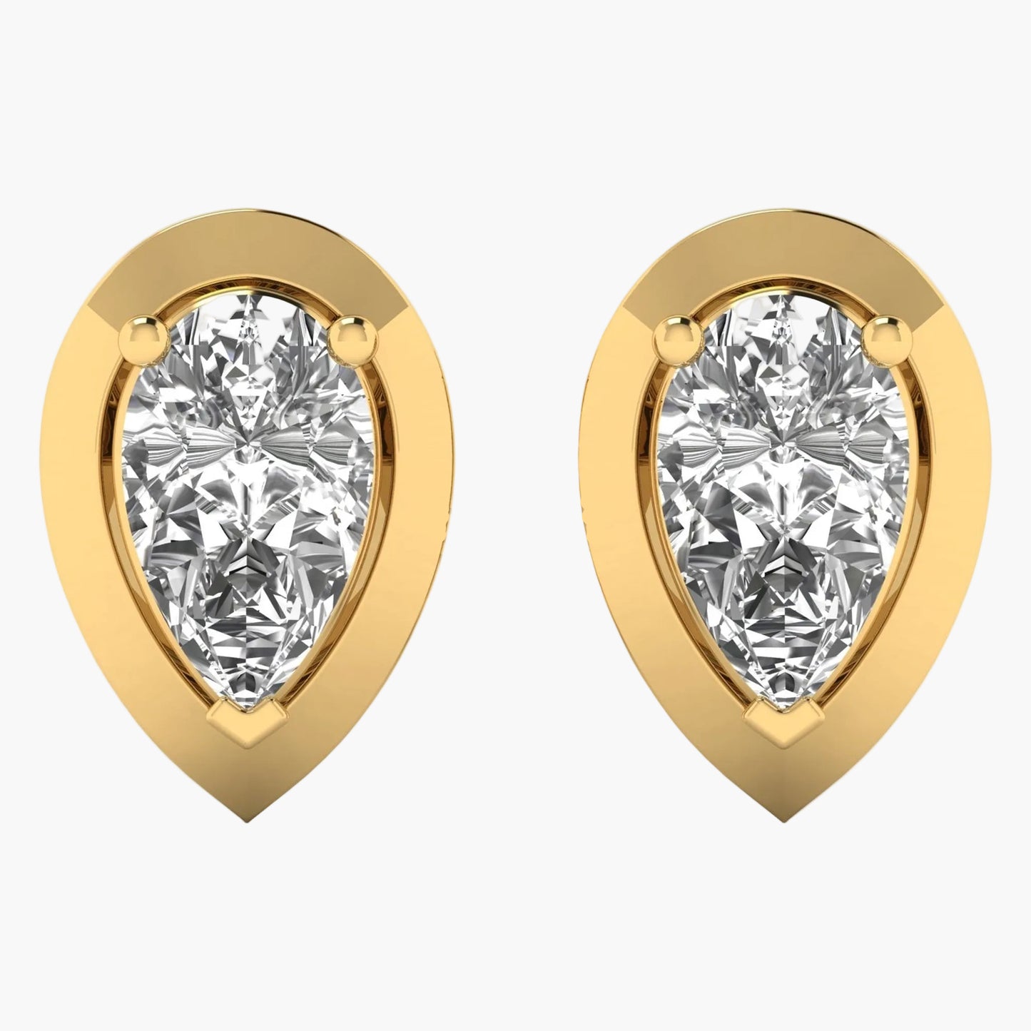 Gold earrings with pear-shaped gemstones on a white background