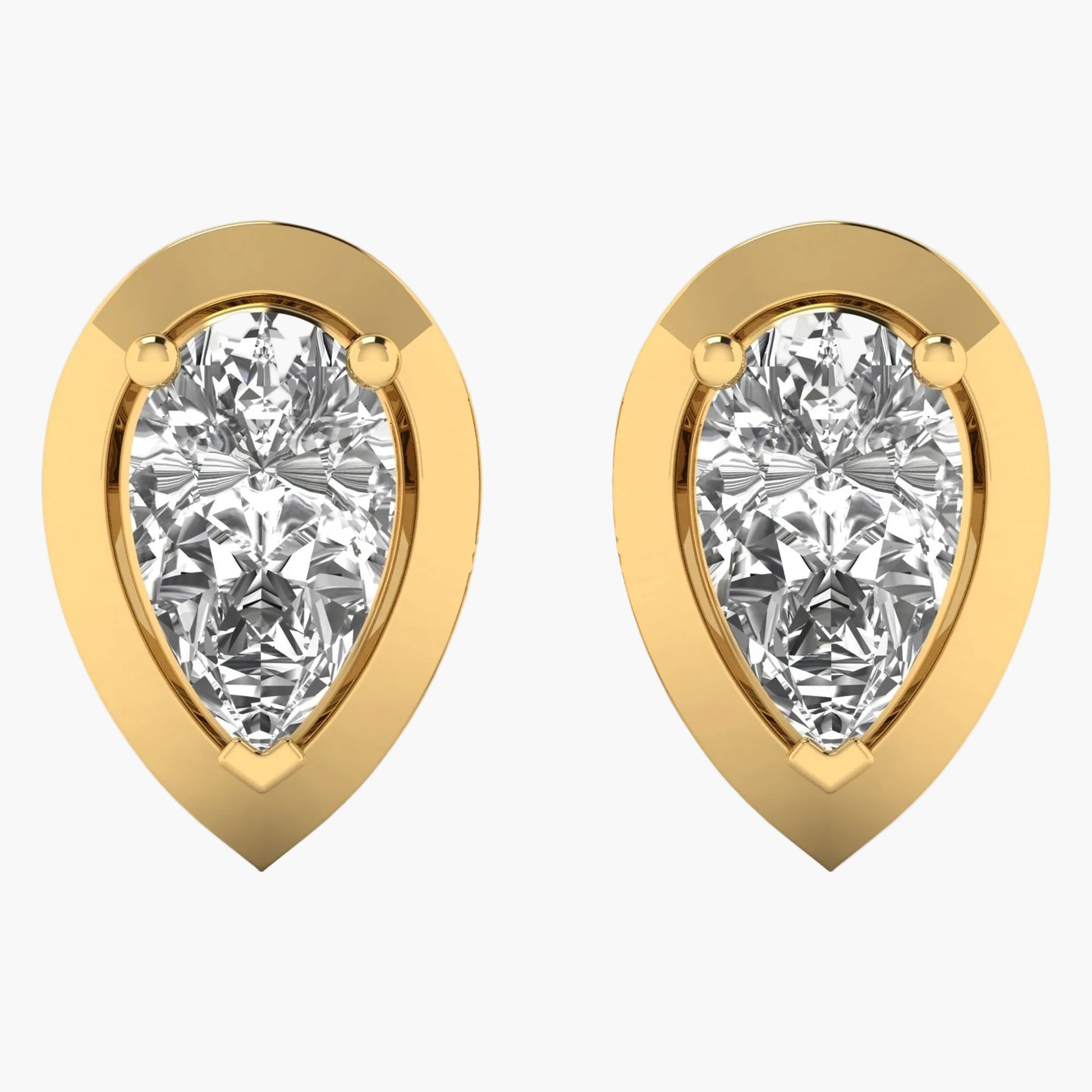Gold earrings with pear-shaped gemstones on a white background