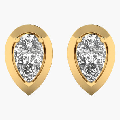 Gold earrings with pear-shaped gemstones on a white background