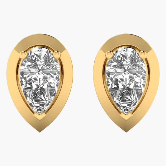 Gold earrings with pear-shaped gemstones on a white background