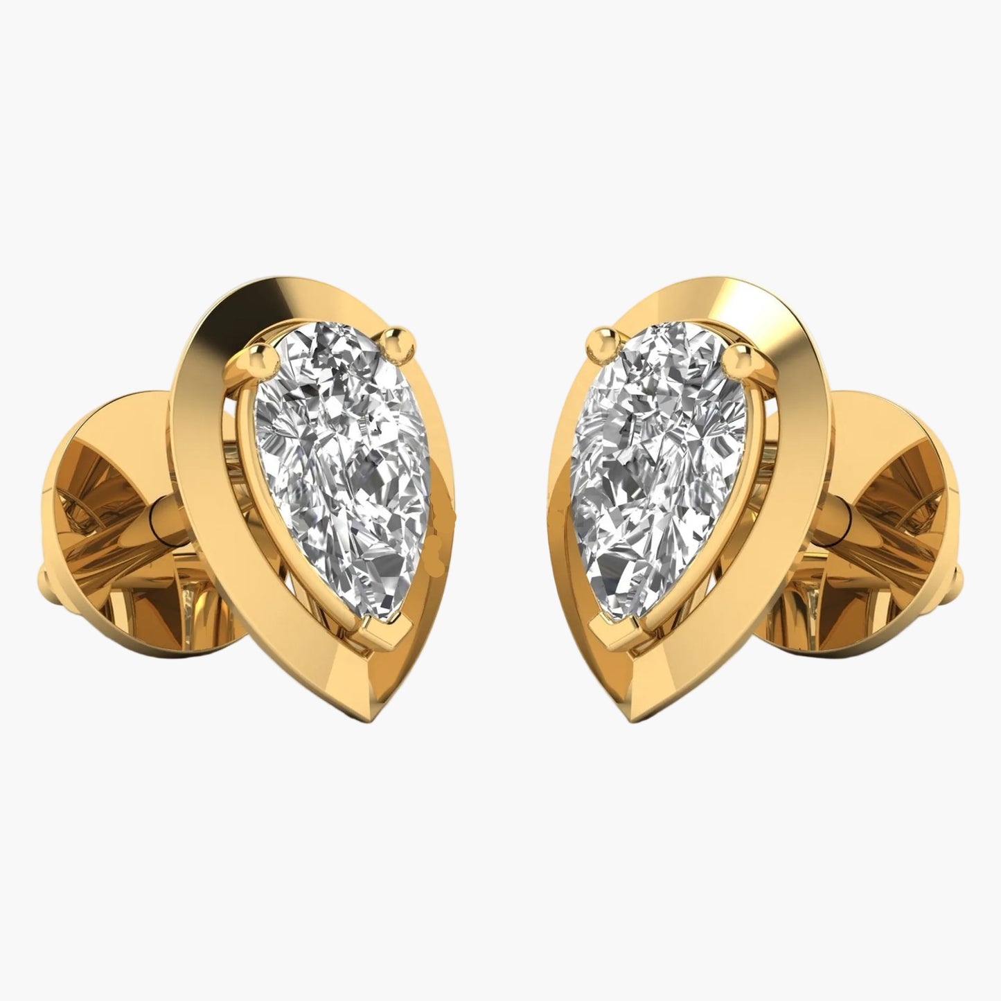 Gold earrings with pear-shaped diamond stones on a white background