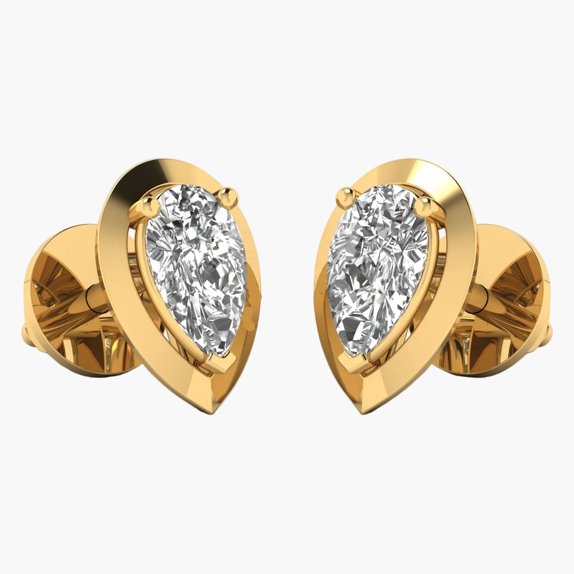 Gold earrings with pear-shaped diamond stones on a white background
