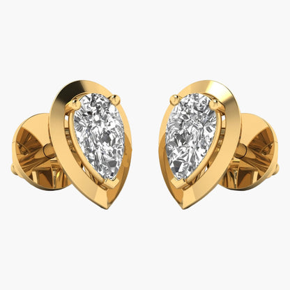 Gold earrings with pear-shaped diamond stones on a white background
