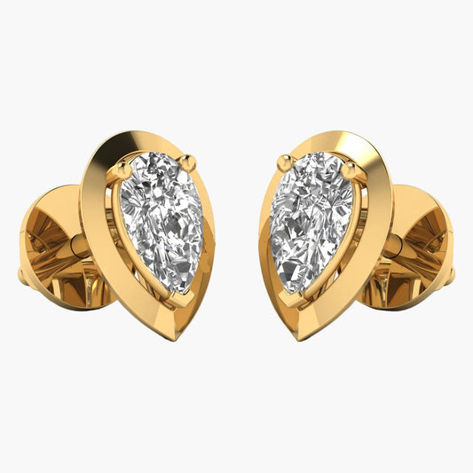 Gold earrings with pear-shaped diamond stones on a white background