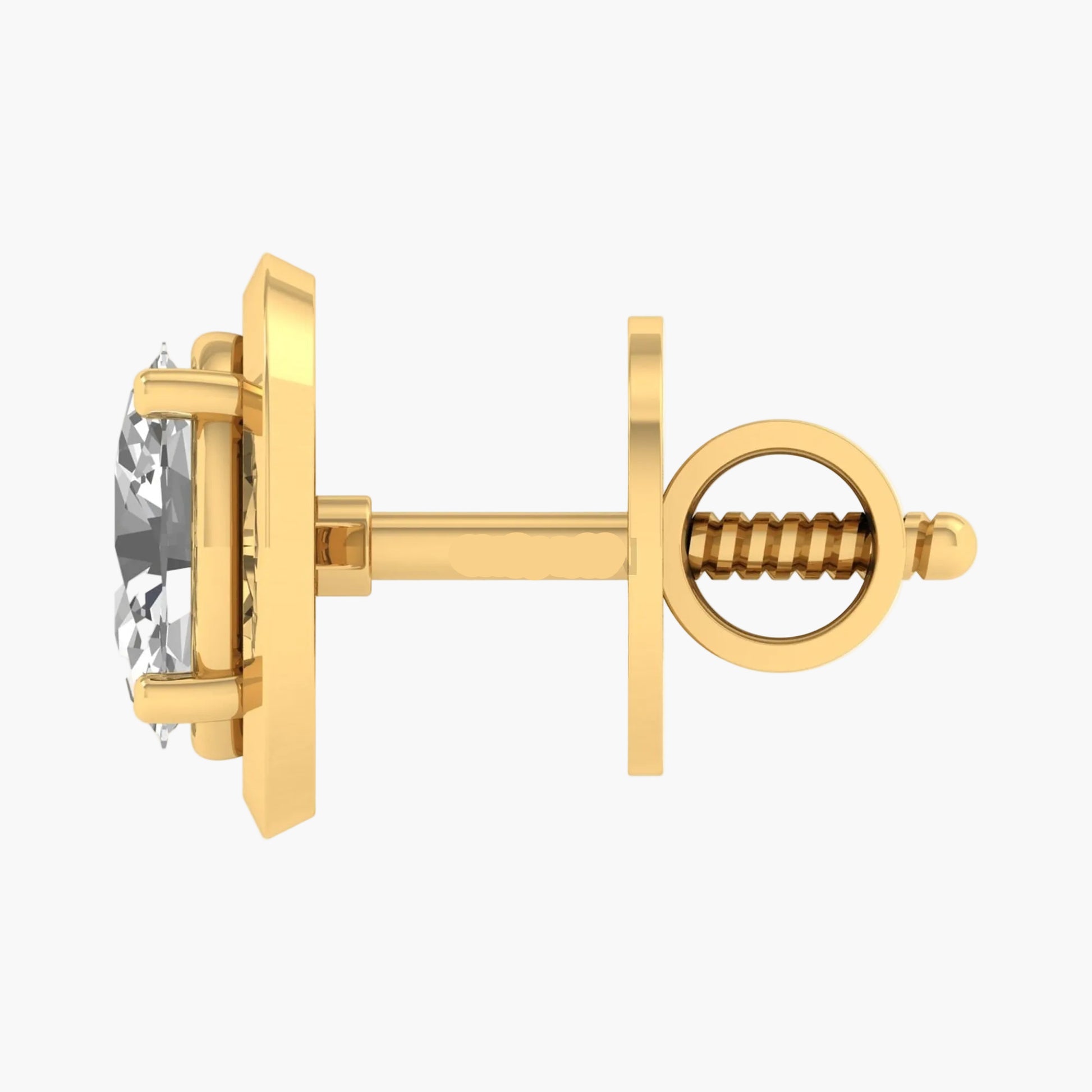 Gold earring with a clear gemstone on a white background