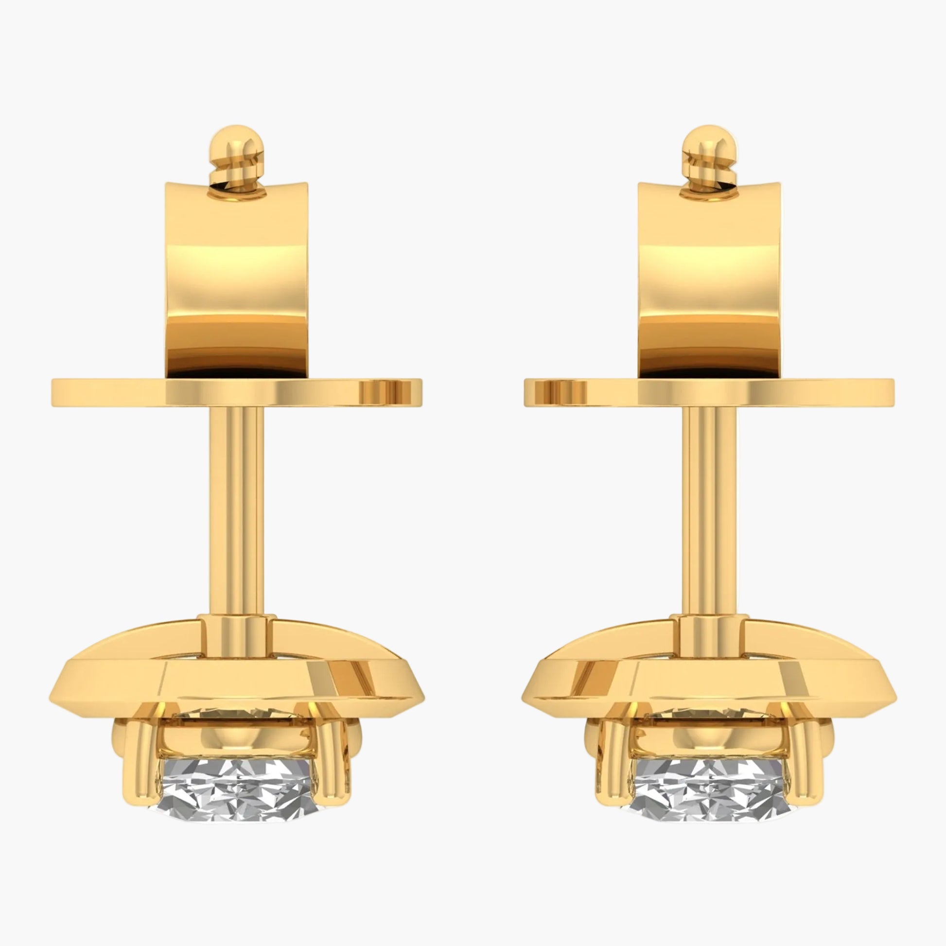 Gold earrings with clear gemstones on a white background, branded 'Green Lab'.