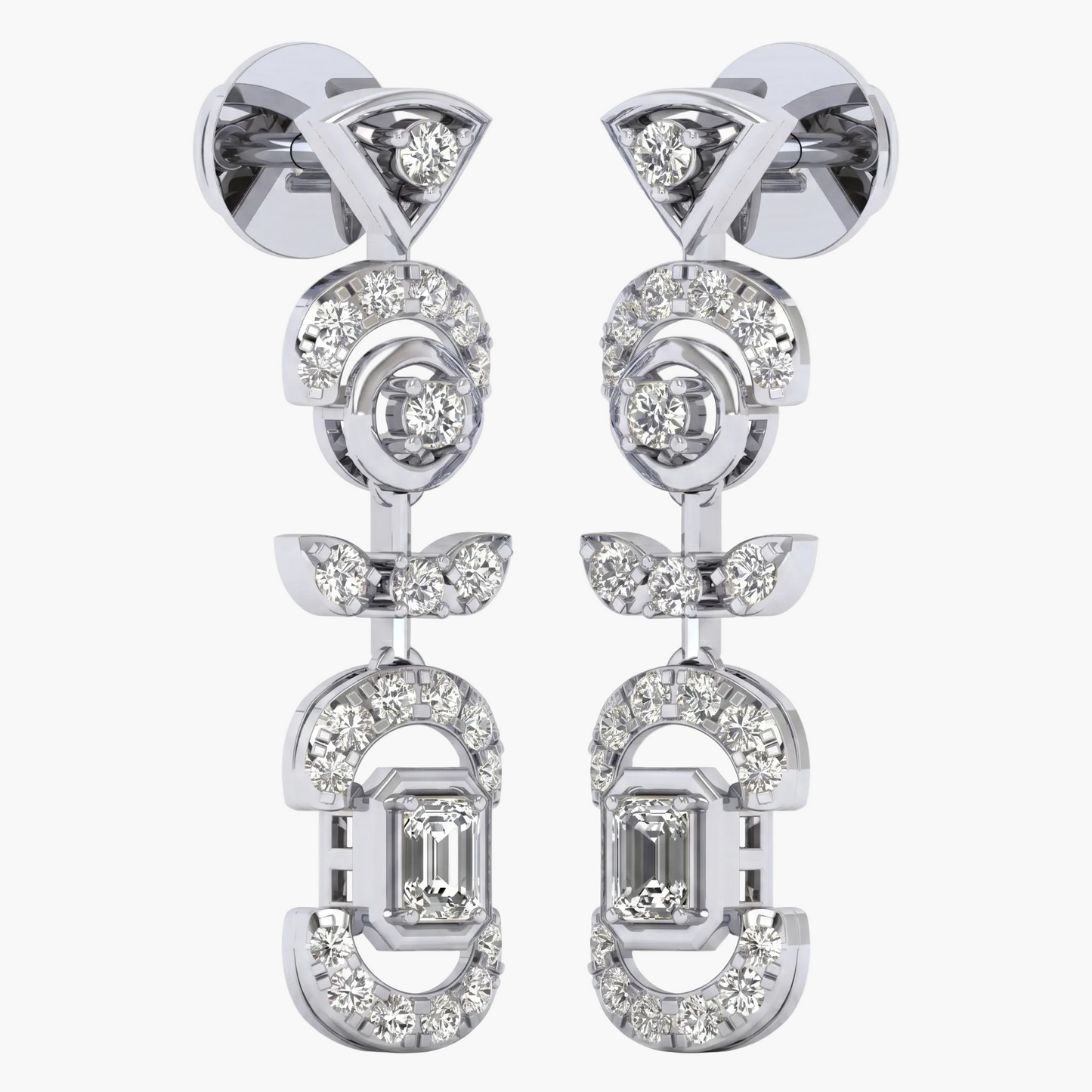 Pair of silver earrings with diamond accents on a white background