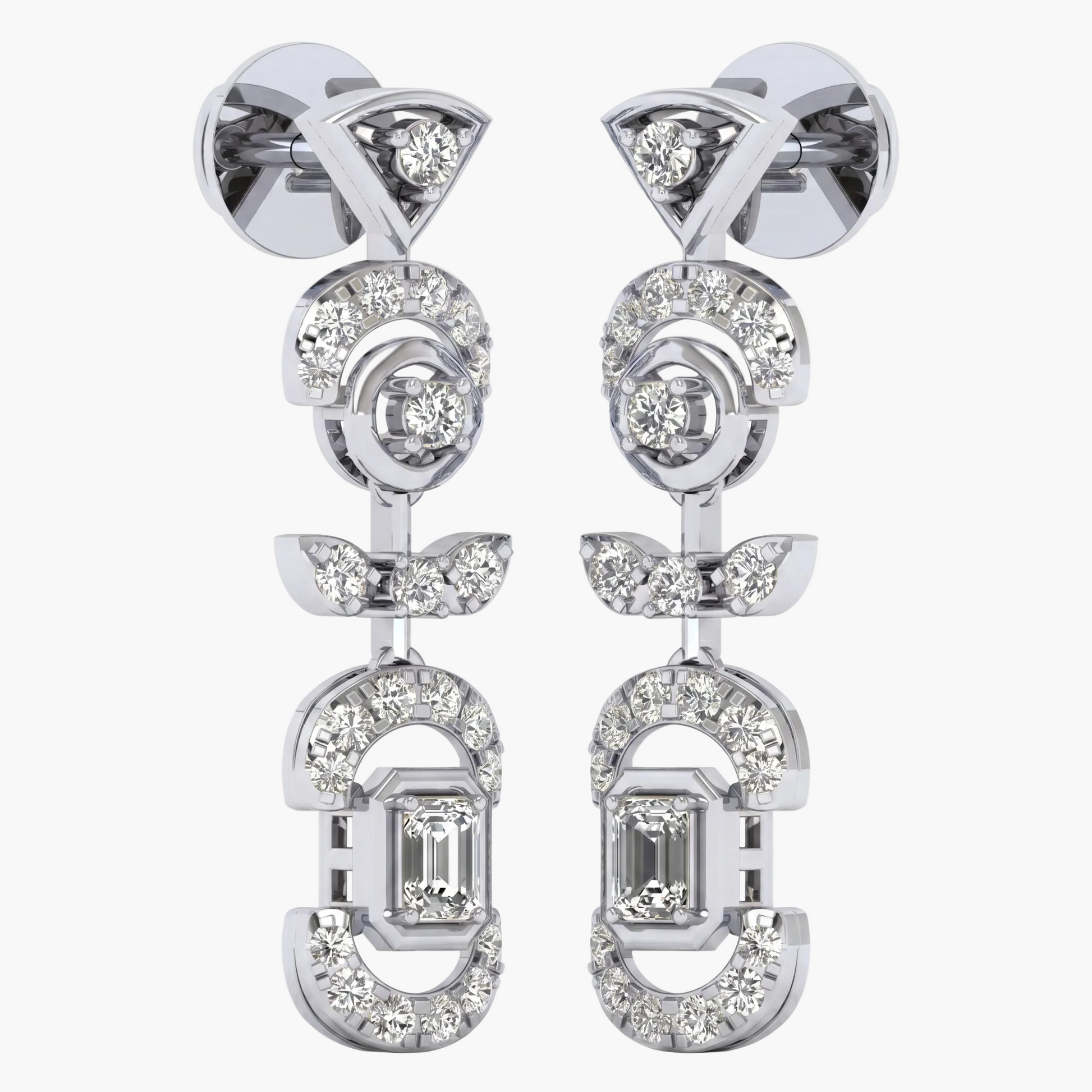 Pair of silver earrings with diamond accents on a white background