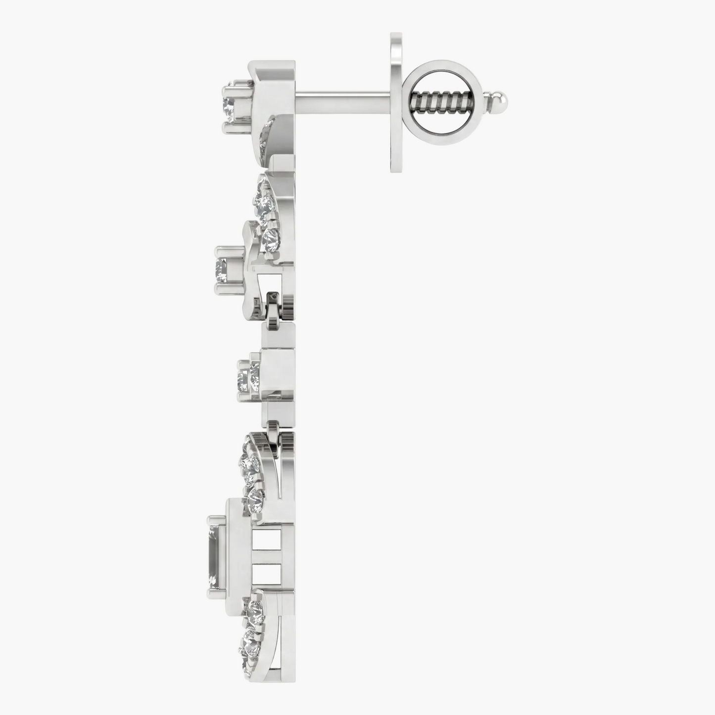 Silver earring with small diamonds on a white background