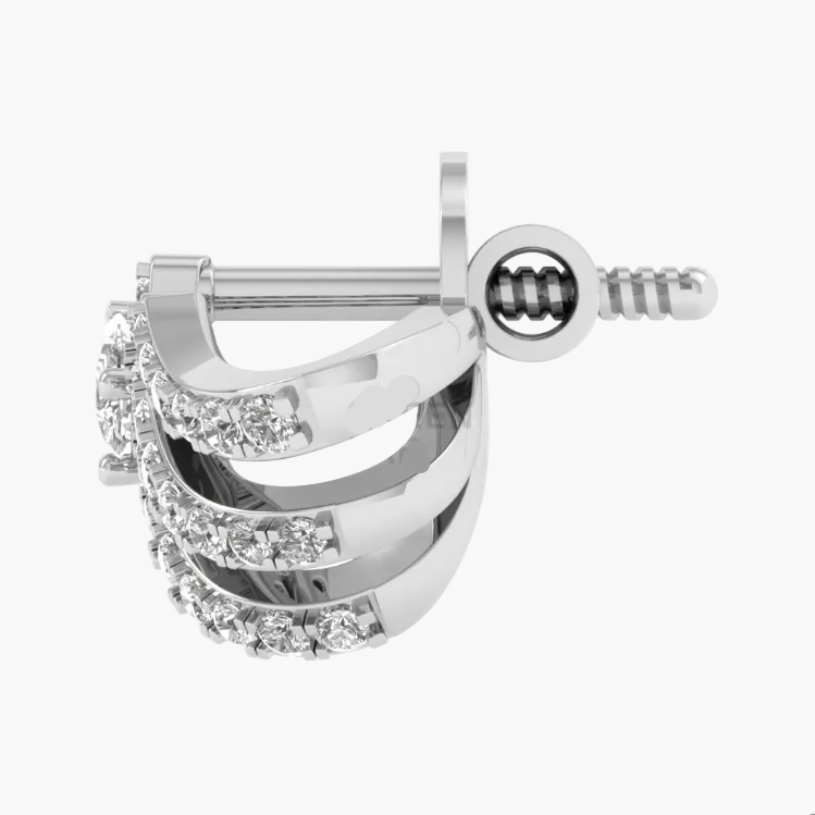 Silver hoop earring with clear gemstones on a white background