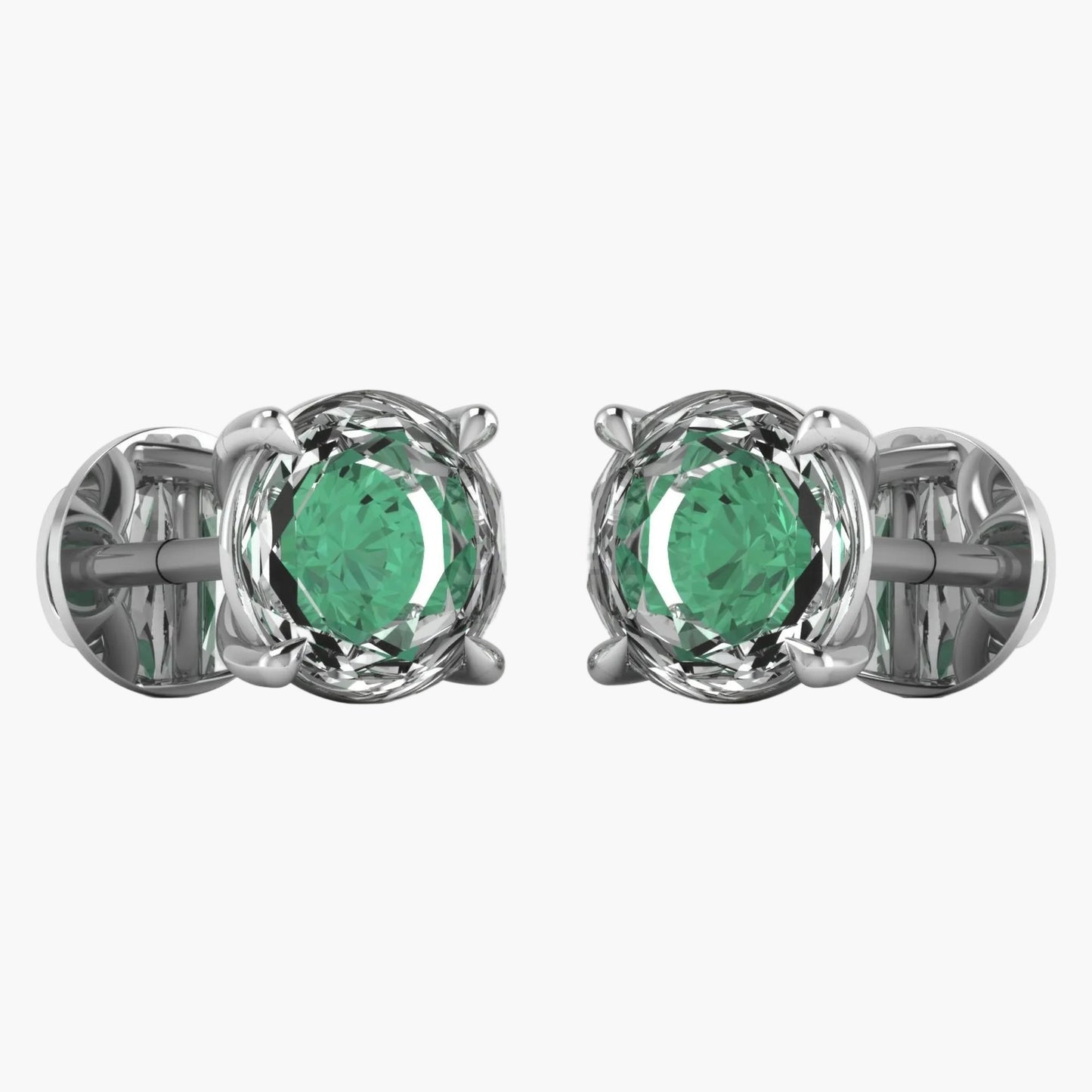 Pair of silver earrings with green gemstones on a white background