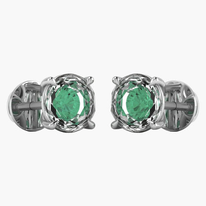 Pair of silver earrings with green gemstones on a white background