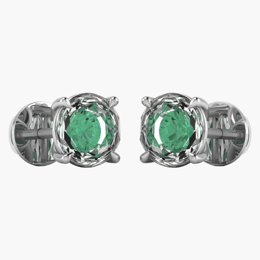 Pair of silver earrings with green gemstones on a white background