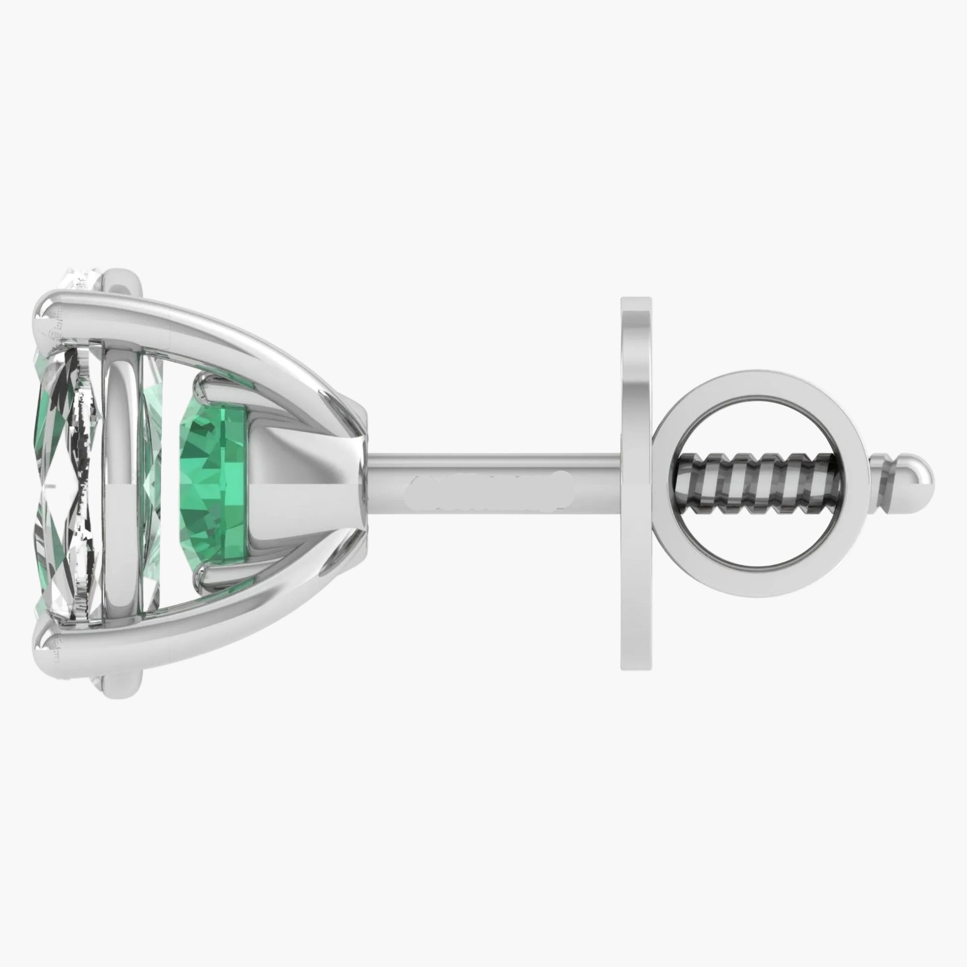 Silver earring with green gemstone on a white background